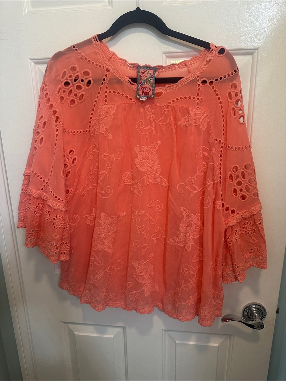 Johnny Was Coral Embroidered Eyelet Boho Blouse